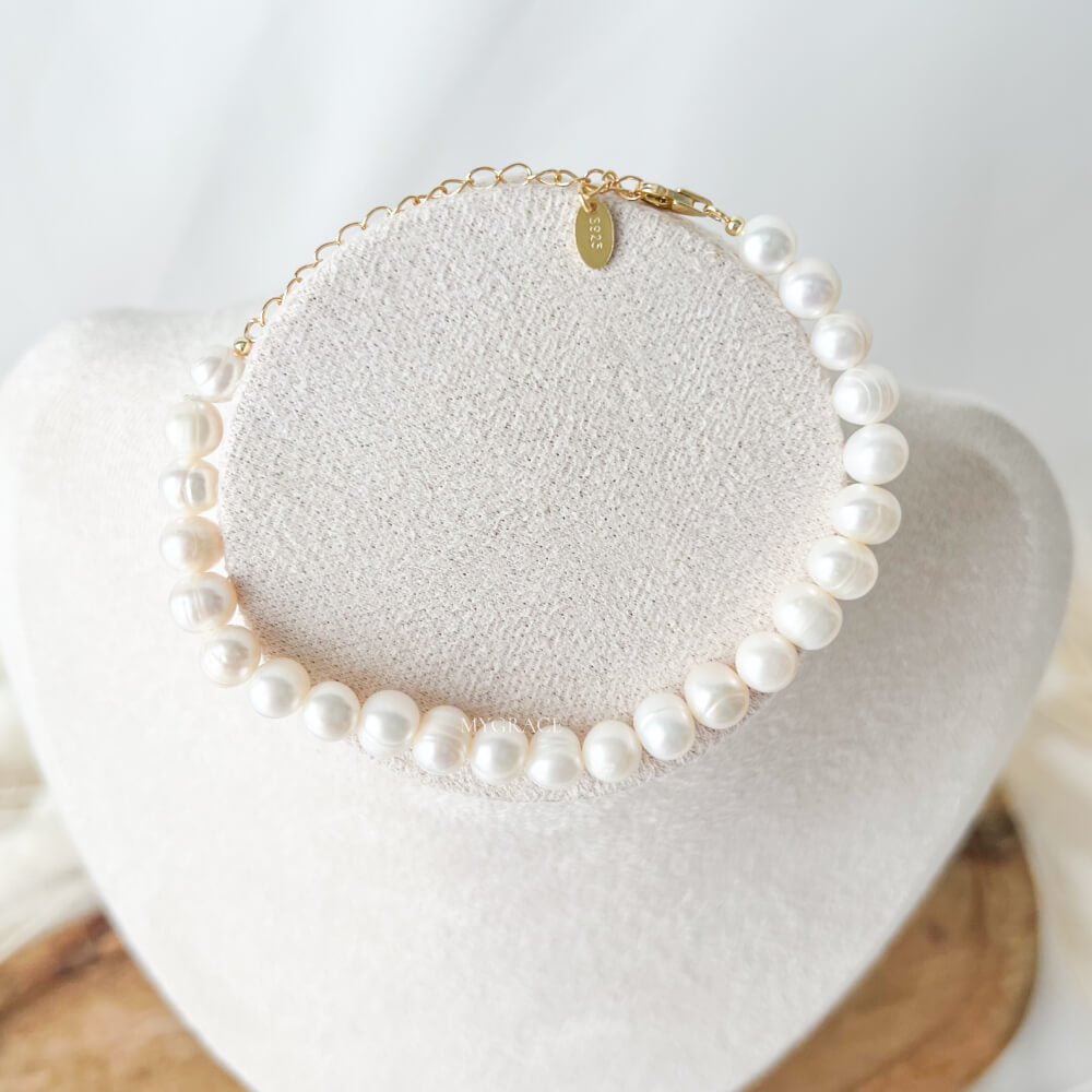 925 Sterling Silver Bracelet with Natural Pearls, White, Gold-Plated – MYGRACE