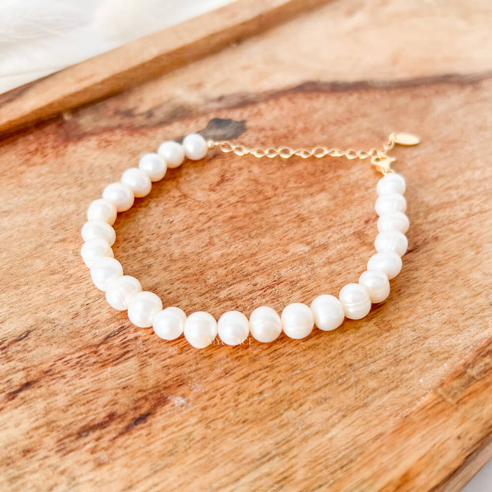 925 Sterling Silver Bracelet with Natural Pearls, White, Gold-Plated – MYGRACE