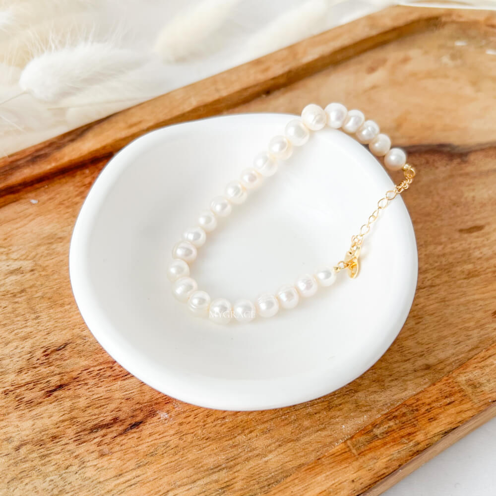 925 Sterling Silver Bracelet with Natural Pearls, White, Gold-Plated – MYGRACE