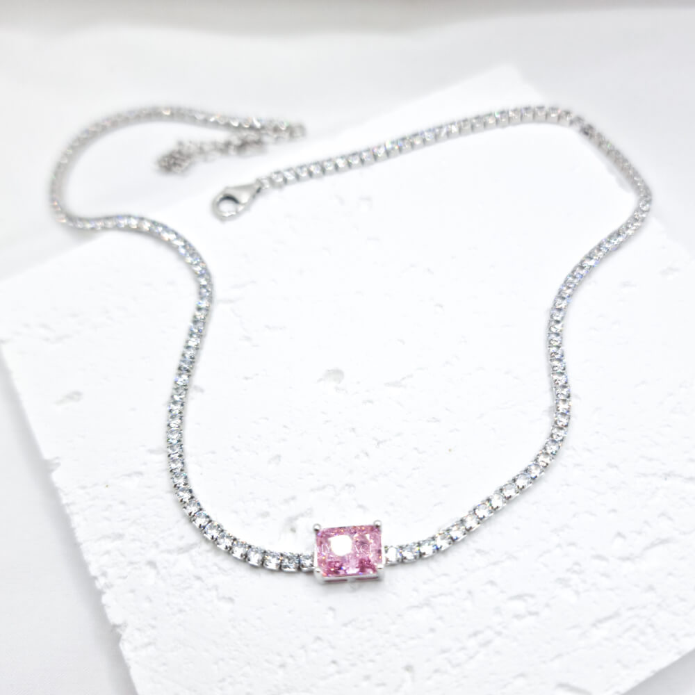 Colier tennis argint 925, argintiu, placat cu rodiu și decorat cu zirconiu (argintiu și roz), 2mm, MYGRACE