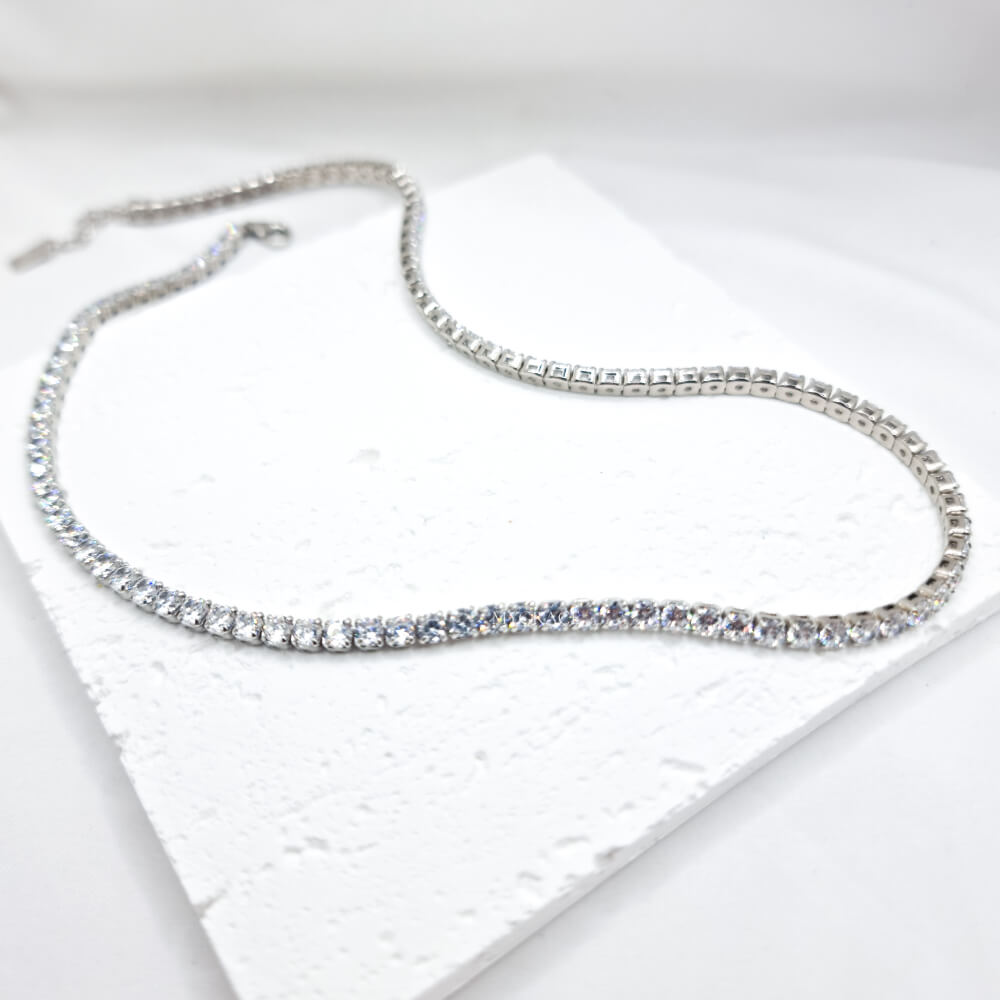 925 Sterling Silver Tennis Necklace, Silver, Rhodium-Plated, Adorned with Zircon Stones (3 mm) – MYGRACE