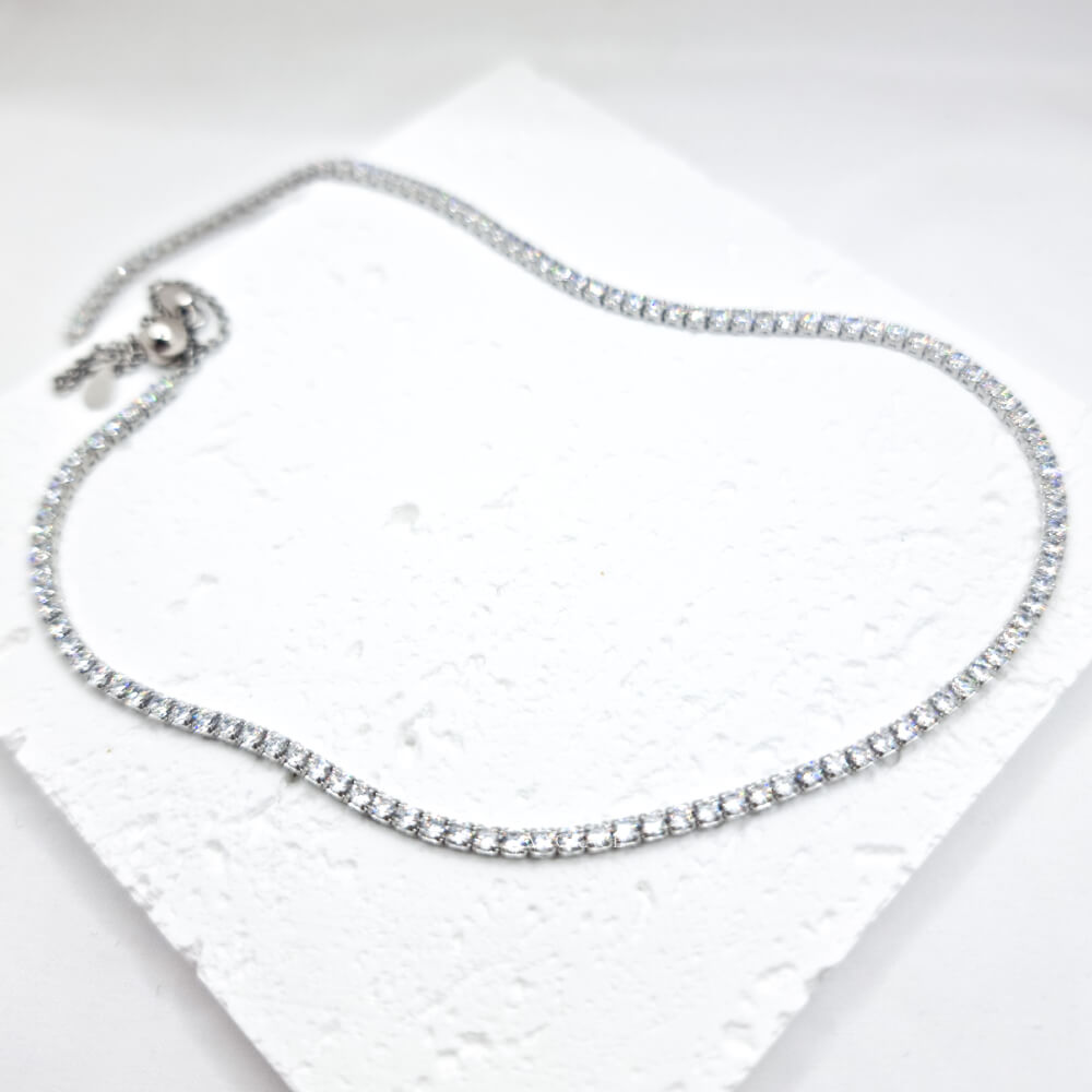 925 Sterling Silver Tennis Necklace / Choker, Silver, Rhodium-Plated, Adorned with Zircon Stones (2 mm), Adjustable – MYGRACE