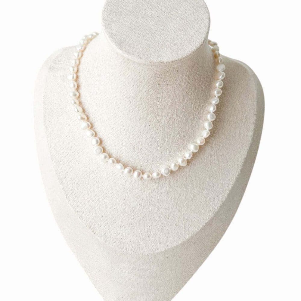 Natural Pearl and 925 Sterling Silver Necklace, White, Choker Length, 5 mm, MYGRACE