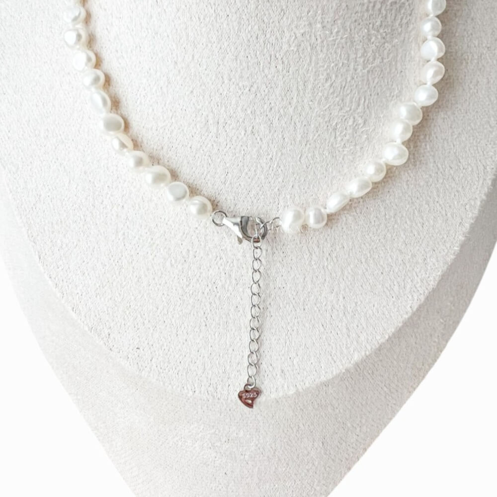 Natural Pearl and 925 Sterling Silver Necklace, White, Choker Length, 5 mm, MYGRACE
