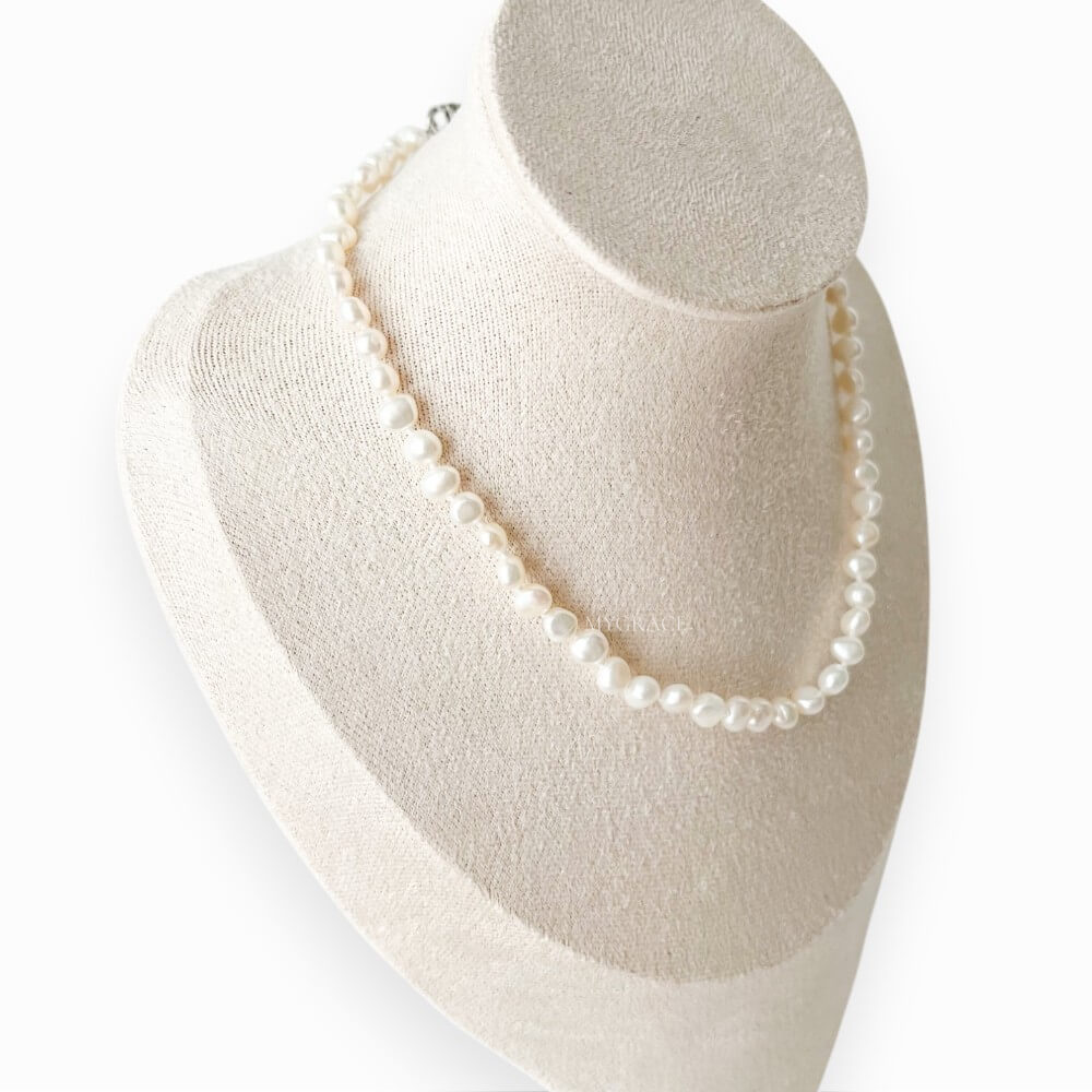 Natural Pearl and 925 Sterling Silver Necklace, White, Choker Length, 5 mm, MYGRACE