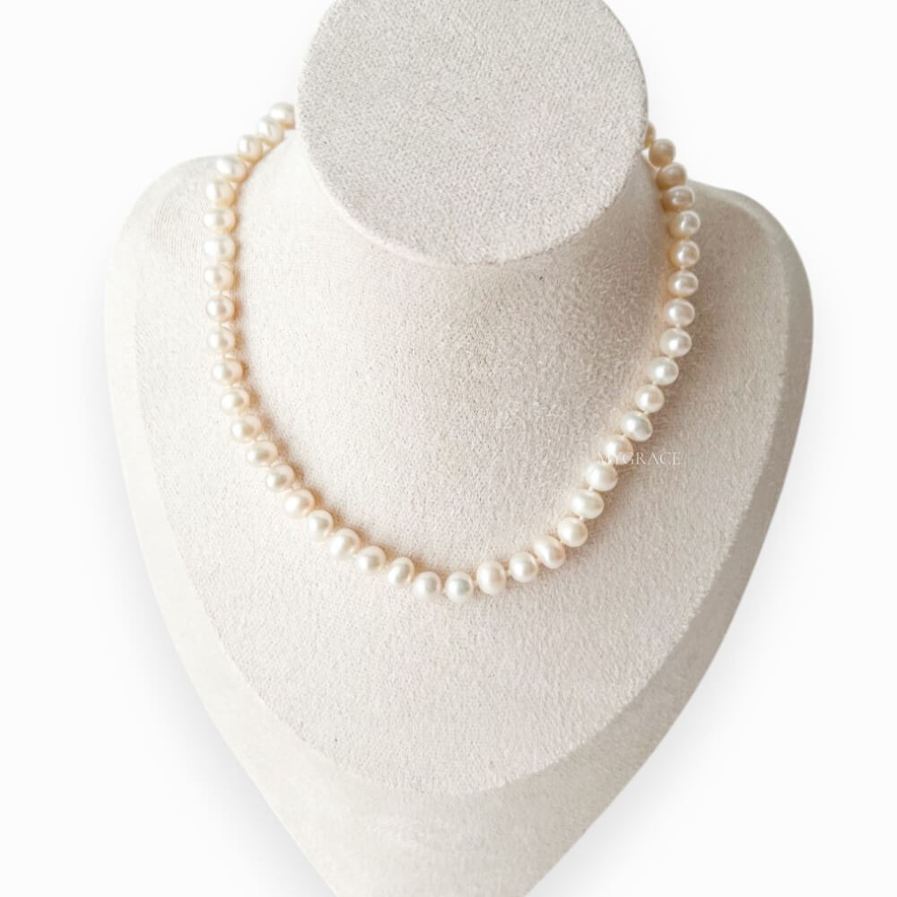 Natural Pearl and 925 Sterling Silver Necklace, White, Choker Length, 6-7 mm Potato Pearls, MYGRACE