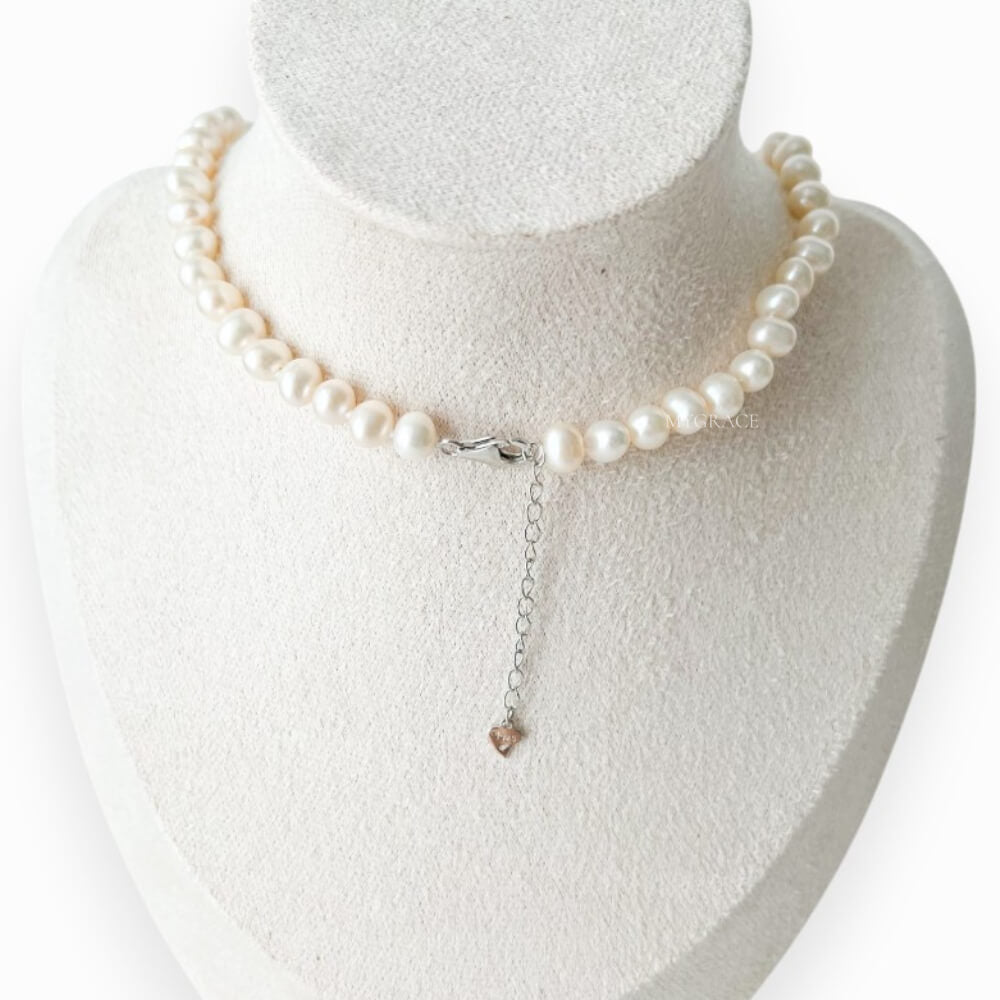 Natural Pearl and 925 Sterling Silver Necklace, White, Choker Length, 6-7 mm Potato Pearls, MYGRACE