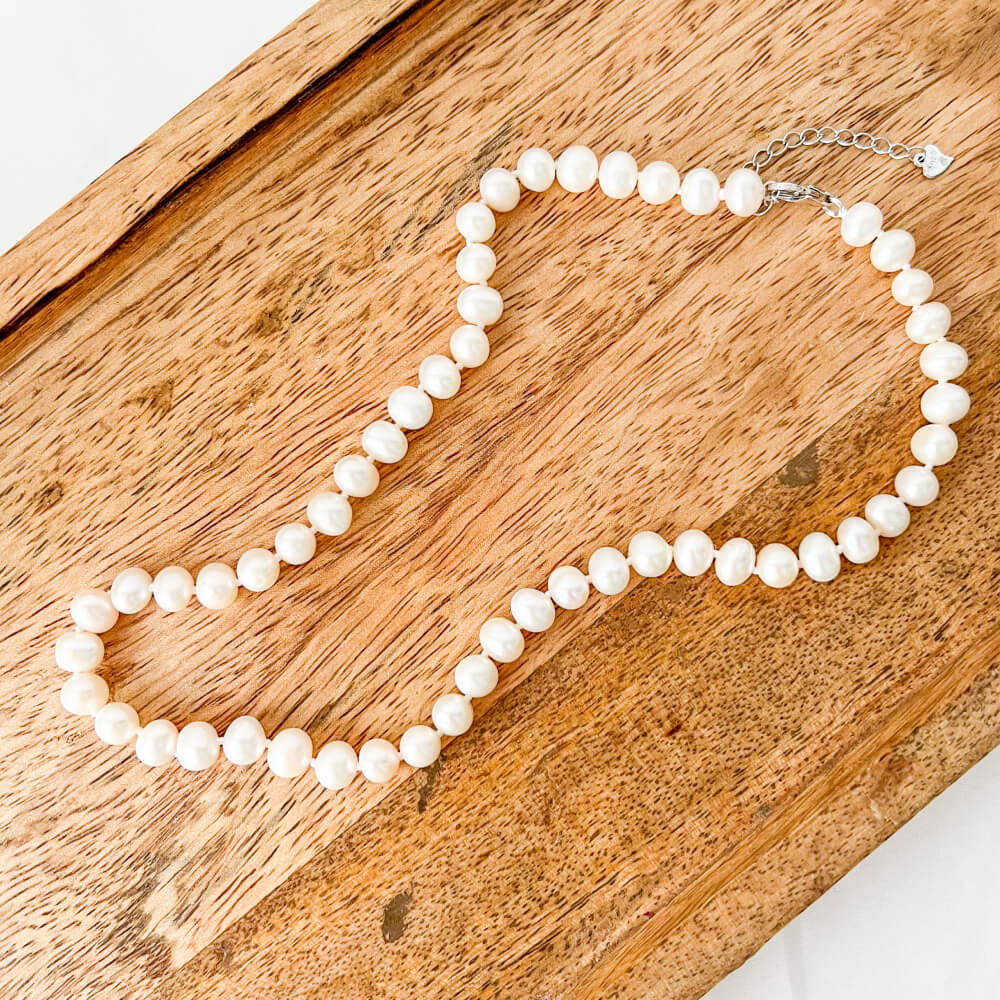 Natural Pearl and 925 Sterling Silver Necklace, White, Choker Length, 6-7 mm Potato Pearls, MYGRACE