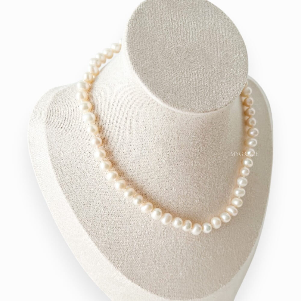 Natural Pearl and 925 Sterling Silver Necklace, White, Choker Length, 6-7 mm Potato Pearls, MYGRACE