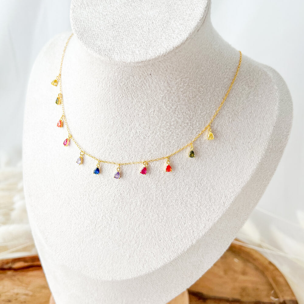 925 Sterling Silver Necklace with Multicolor Pendants, Gold Plated Chain, MYGRACE