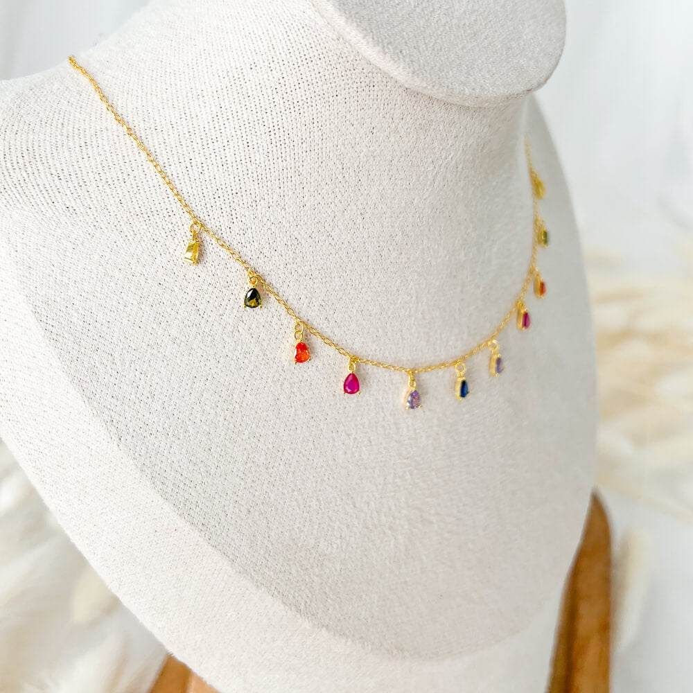 925 Sterling Silver Necklace with Multicolor Pendants, Gold Plated Chain, MYGRACE