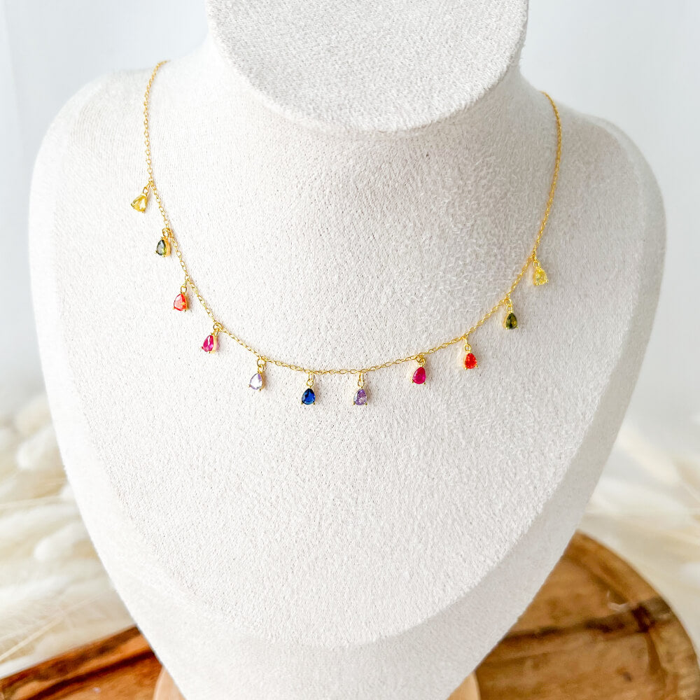 925 Sterling Silver Necklace with Multicolor Pendants, Gold Plated Chain, MYGRACE