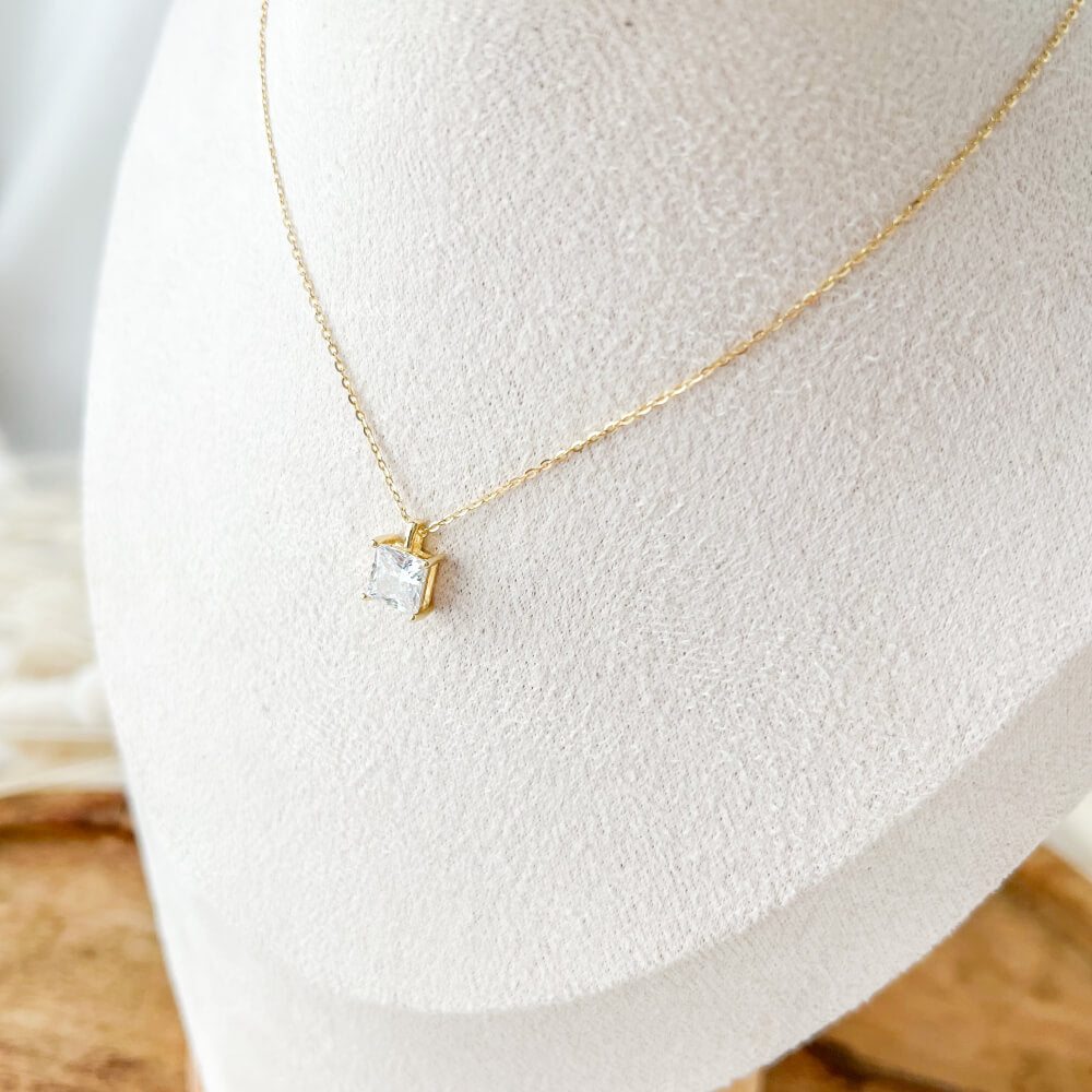 925 Sterling Silver Necklace, Gold Plated, Square Zirconia Pendant, MYGRACE