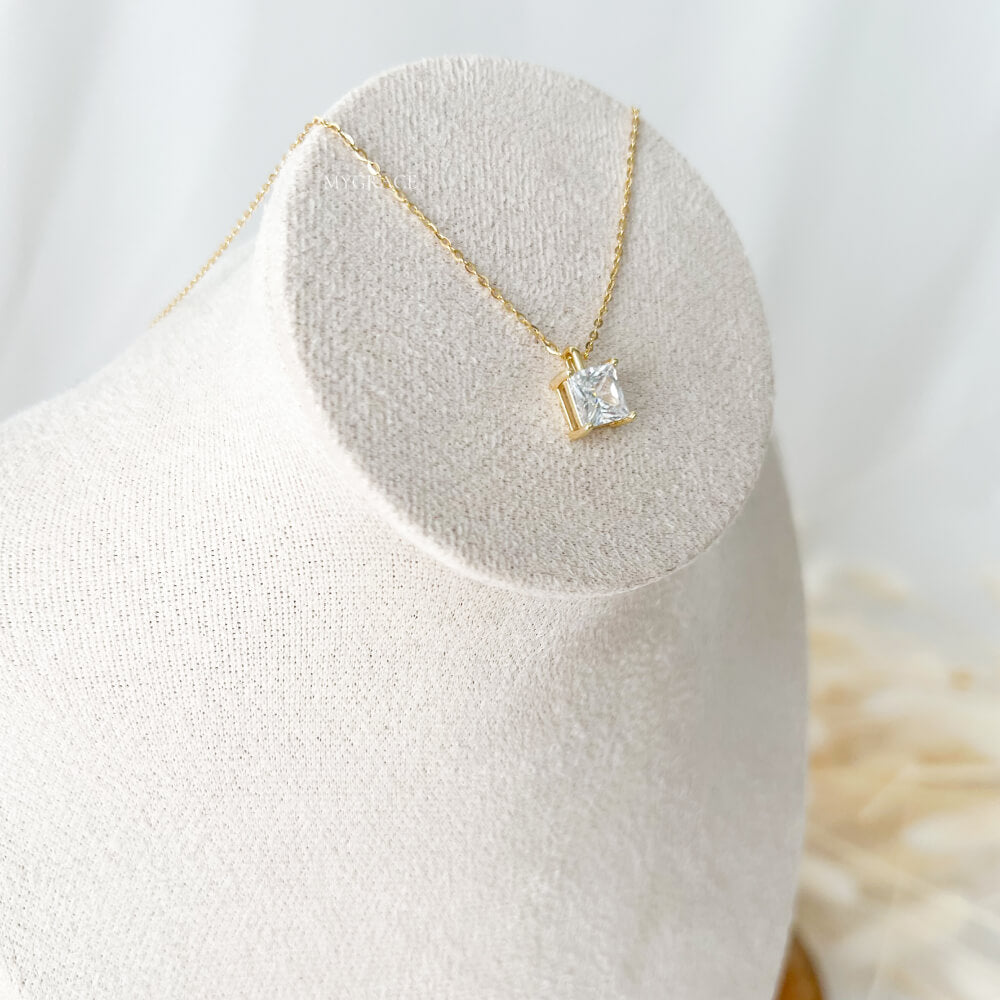 925 Sterling Silver Necklace, Gold Plated, Square Zirconia Pendant, MYGRACE