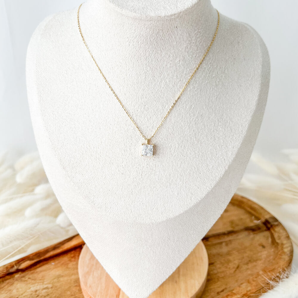925 Sterling Silver Necklace, Gold Plated, Square Zirconia Pendant, MYGRACE