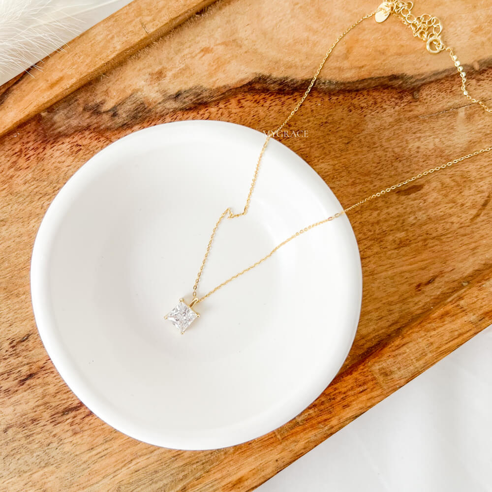 925 Sterling Silver Necklace, Gold Plated, Square Zirconia Pendant, MYGRACE