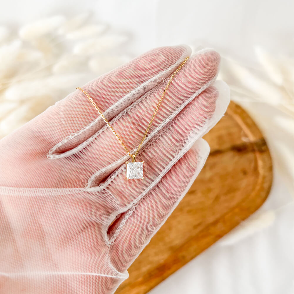 925 Sterling Silver Necklace, Gold Plated, Square Zirconia Pendant, MYGRACE