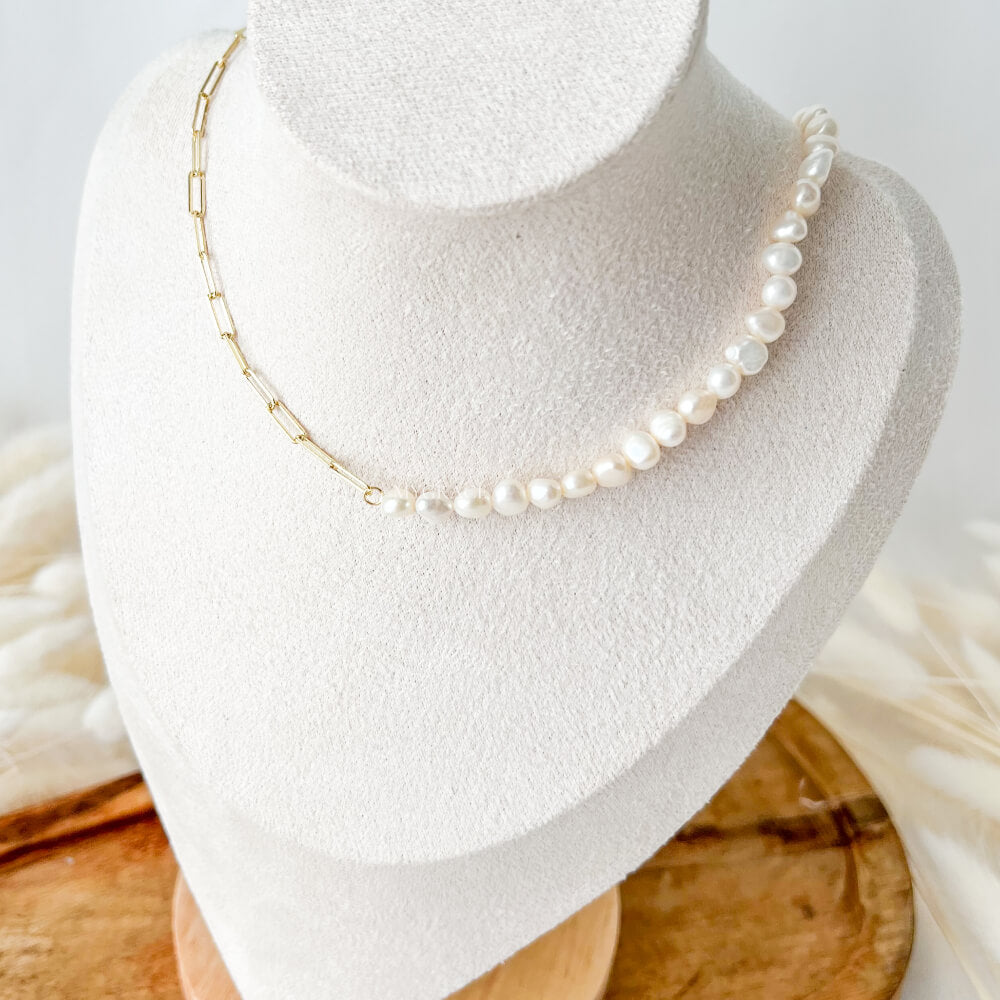 Natural Pearl Necklace with 925 Sterling Silver, Gold-Plated, Link/Pearl Design, MYGRACE