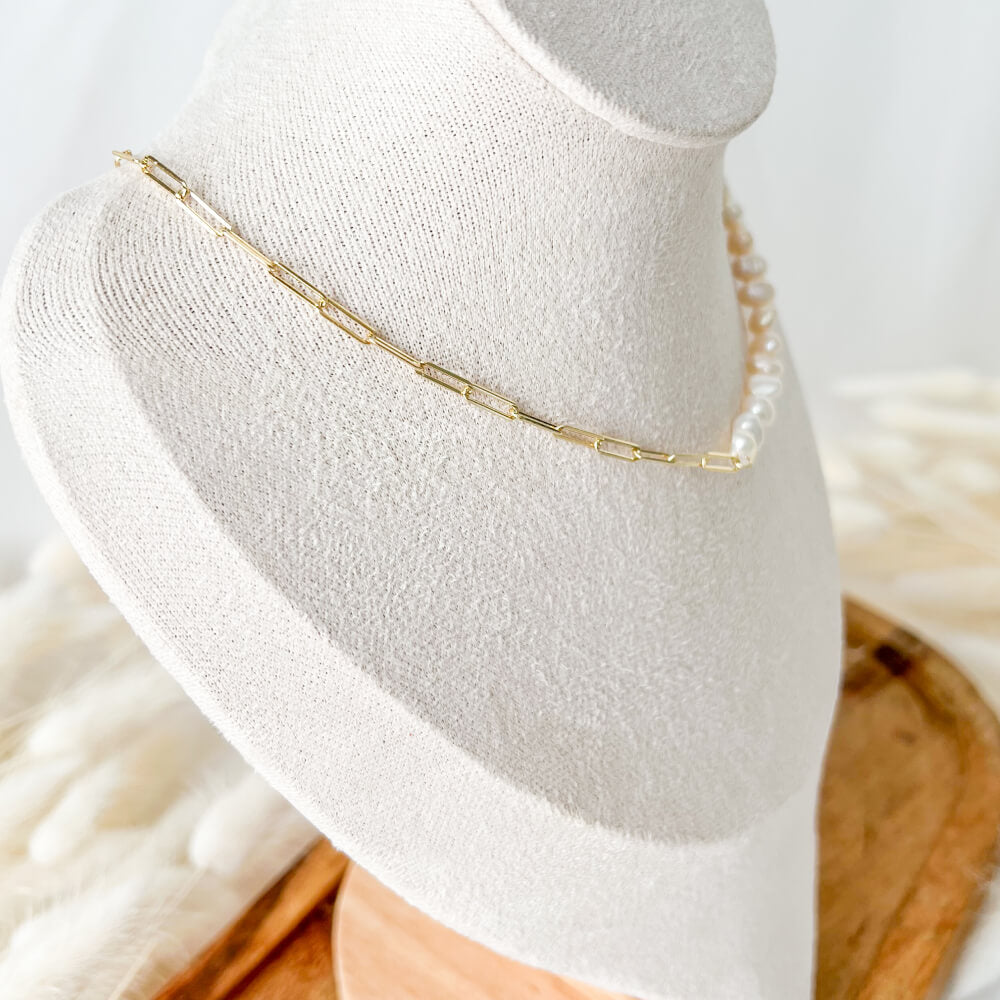 Natural Pearl Necklace with 925 Sterling Silver, Gold-Plated, Link/Pearl Design, MYGRACE