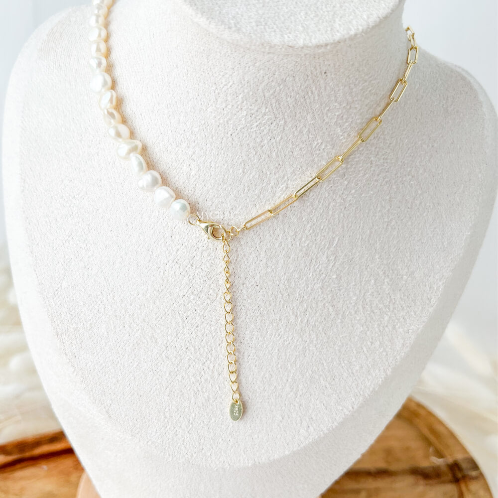 Natural Pearl Necklace with 925 Sterling Silver, Gold-Plated, Link/Pearl Design, MYGRACE