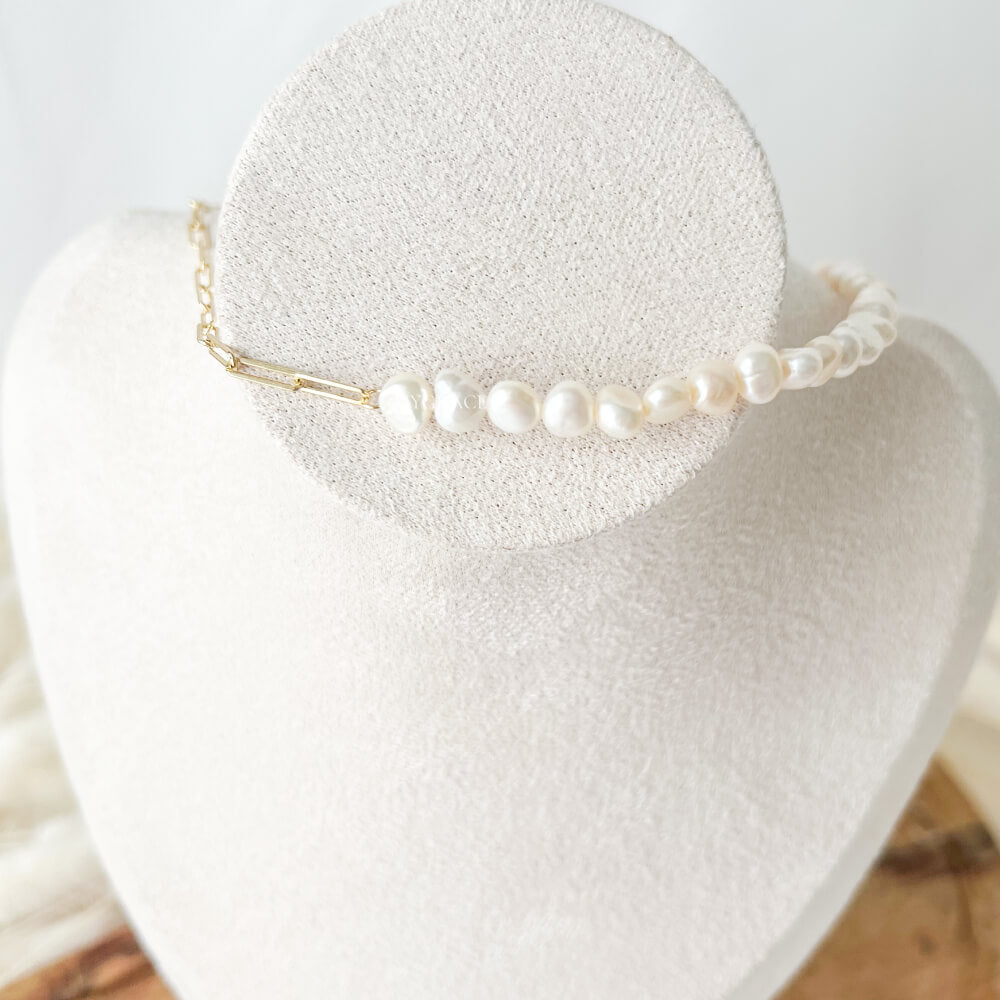 Natural Pearl Necklace with 925 Sterling Silver, Gold-Plated, Link/Pearl Design, MYGRACE