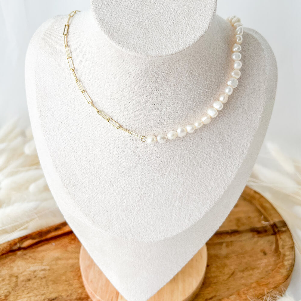 Natural Pearl Necklace with 925 Sterling Silver, Gold-Plated, Link/Pearl Design, MYGRACE