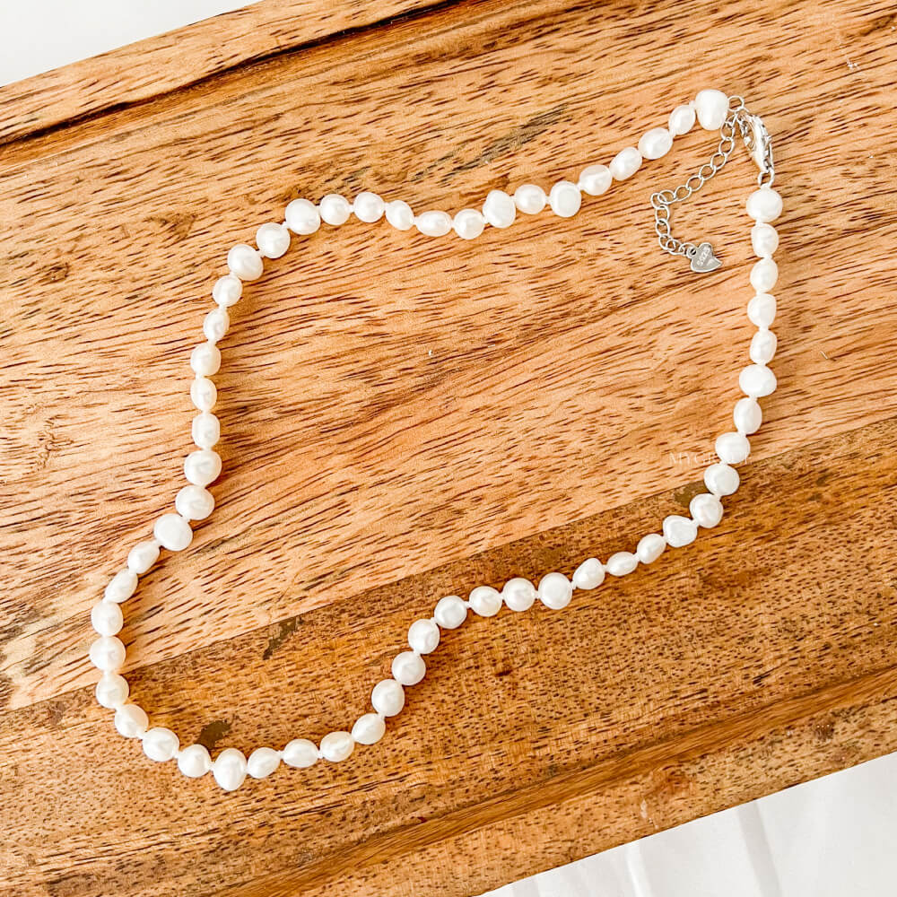 Natural Pearl and 925 Sterling Silver Necklace, White, Choker Length, 5 mm, MYGRACE