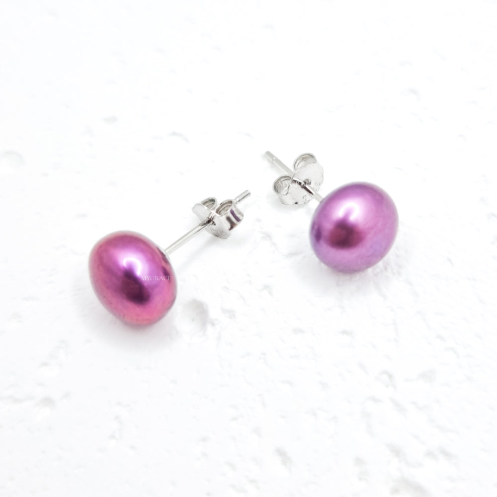 Silver Earrings “Be Pure”, Purple, 925 Sterling Silver and Natural Pearls 8–9 mm, MYGRACE