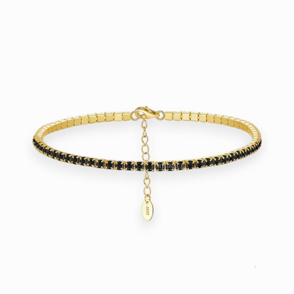 Brățară tennis argint 925, neagră, placată cu aur și decorată cu zirconiu, 2 mm, MYGRACE