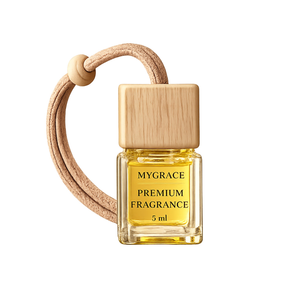 Odorizant auto premium MYGRACE 5 ml cu parfum lemnos, chihlimbar, piele și mandarină, recipient din sticlă cu capac din bambus