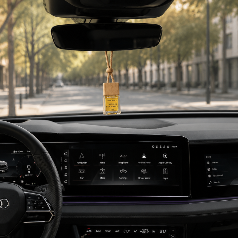 Odorizant auto premium MYGRACE agățat de oglinda retrovizoare într-un interior modern Audi, parfum lemnos cu chihlimbar și piele