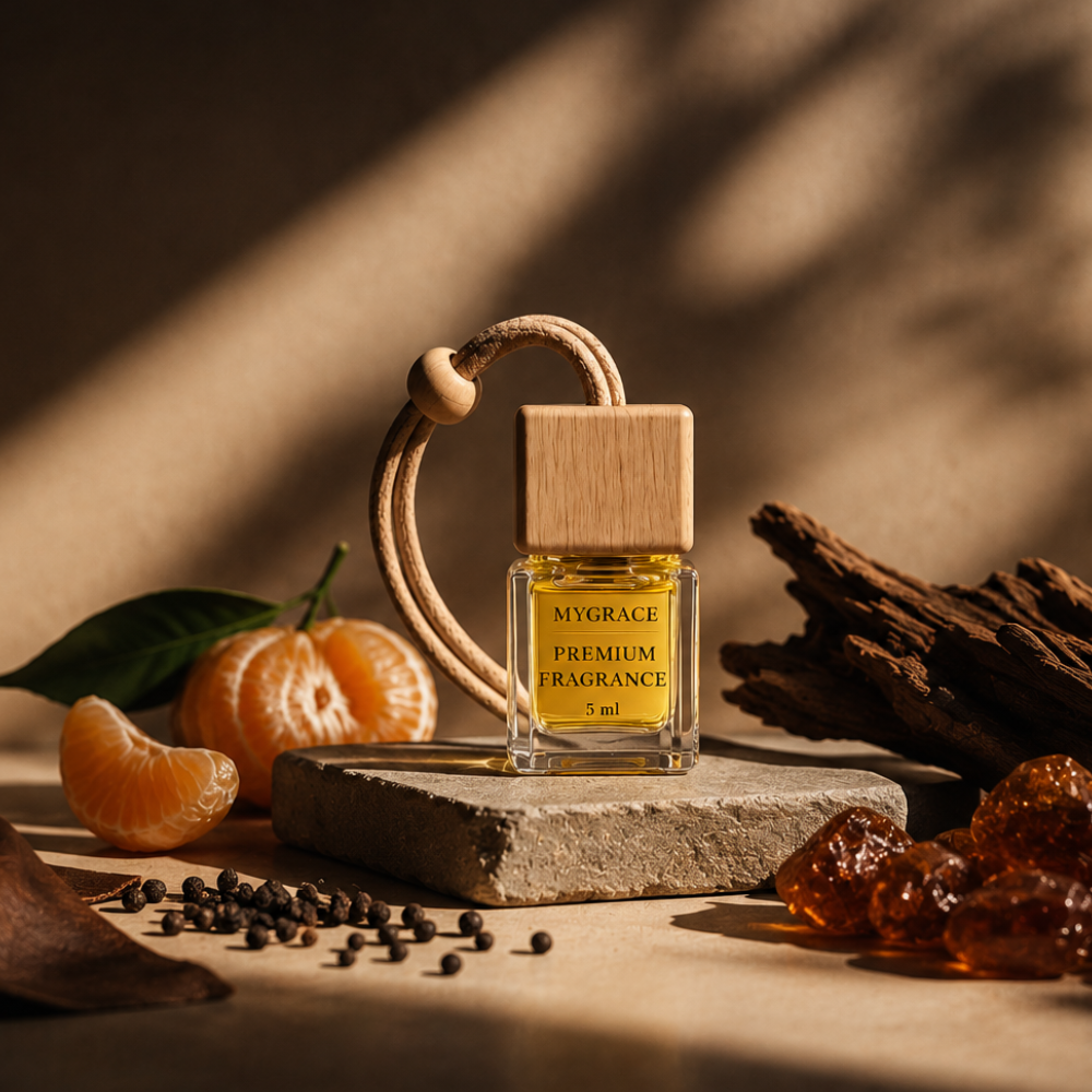 Odorizant auto MYGRACE Premium Fragrance 5 ml inspirat de note lemnoase, chihlimbar, piele și mandarină, prezentare premium cu ingrediente olfactive