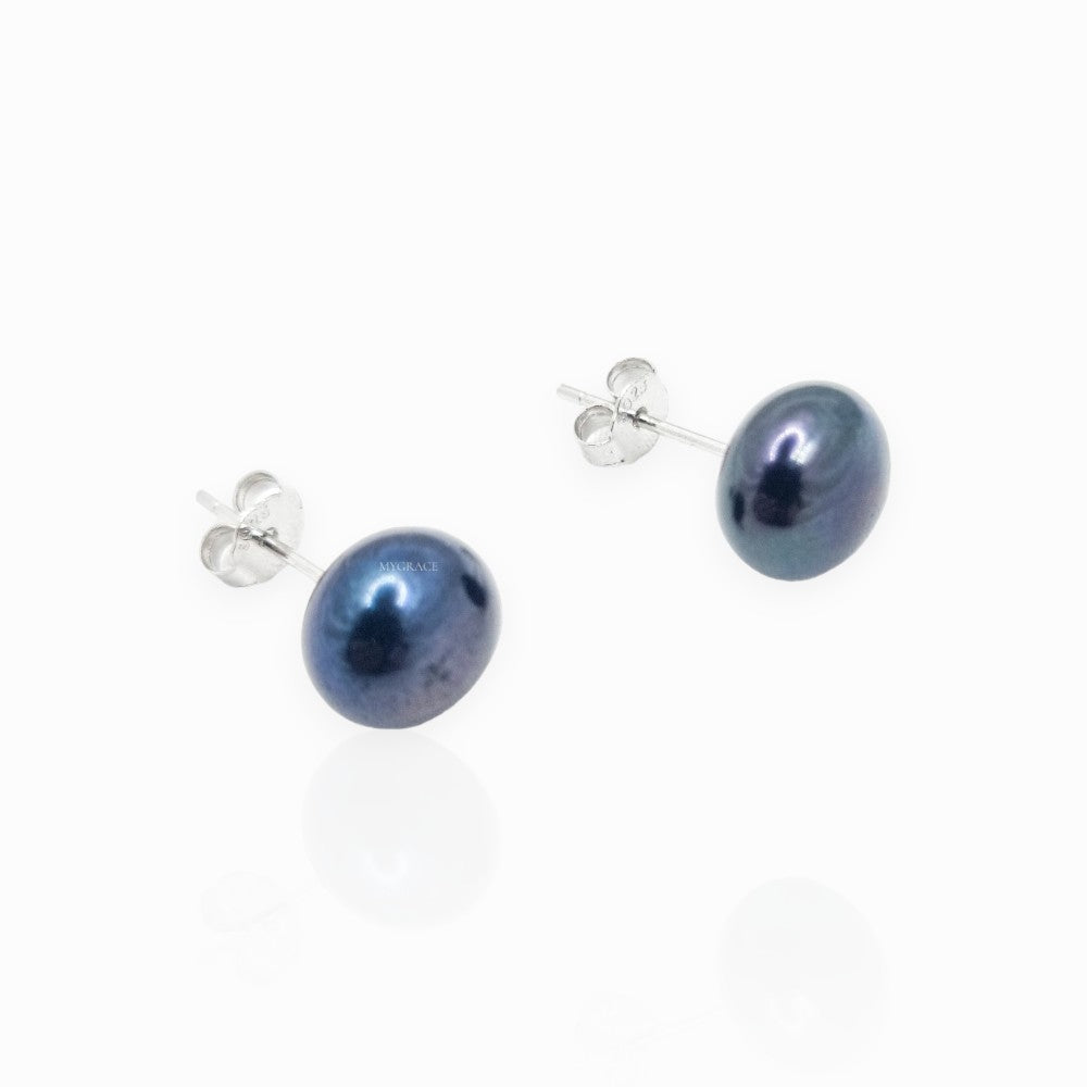 Silver Earrings “Be Pure”, Dark Blue/Black, 925 Sterling Silver, Natural Pearls 8-9 mm, MYGRACE