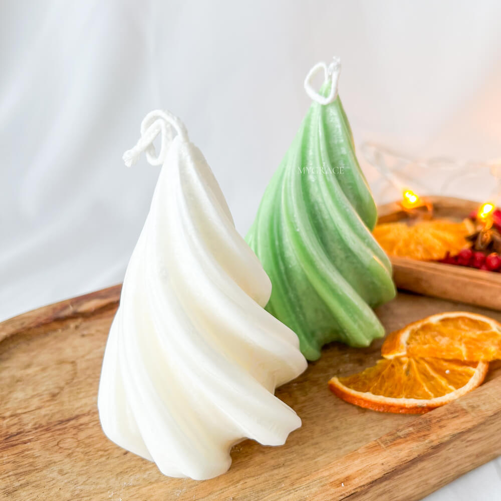 Christmas Candle, Scented, Natural Wax, Green Christmas Tree with Wavy Design, Limited Edition Christmas