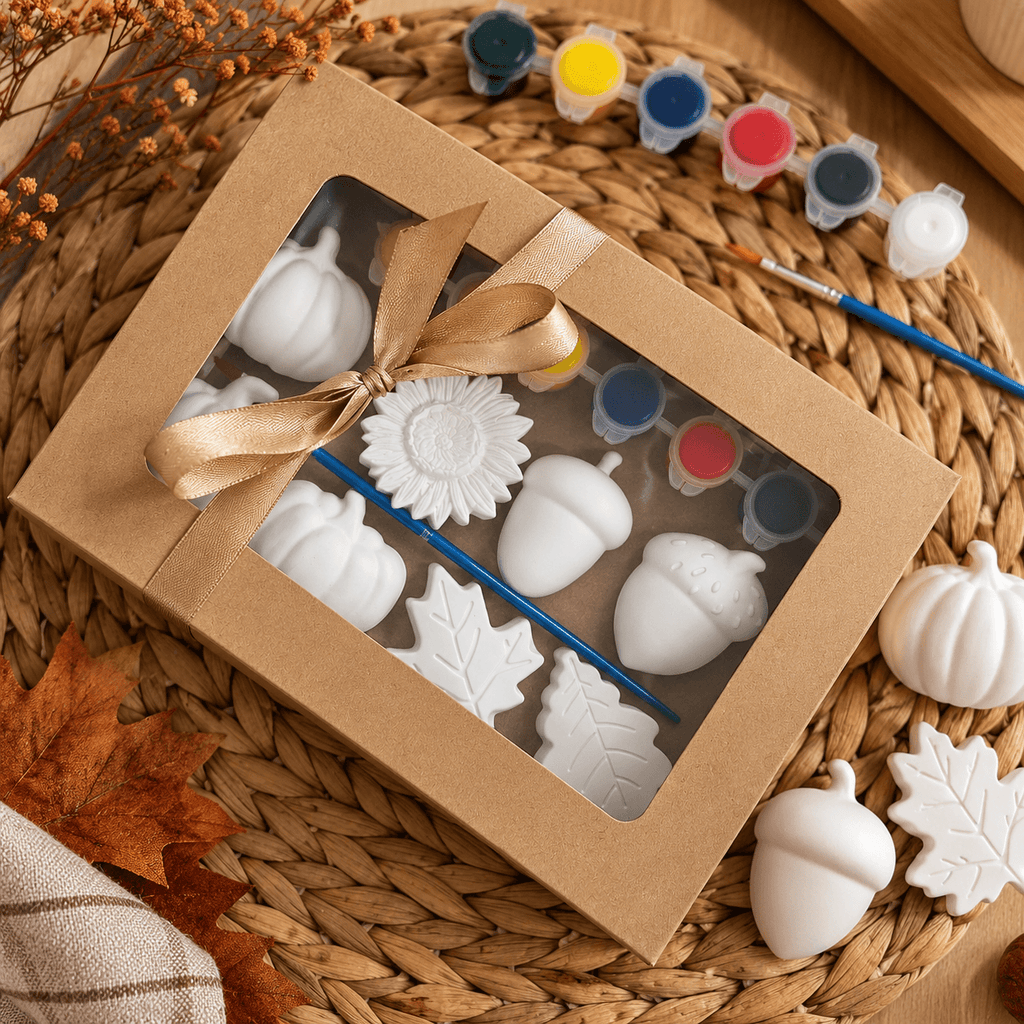Set cadou cu 8 figurine ceramice pentru pictat, culori acrilice și pensulă, kit creativ DIY pentru copii și adulți