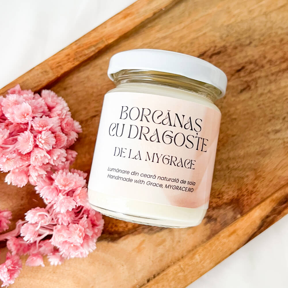 Borcănaș cu Dragoste de la MyGrace - Lumânare parfumată ceară soia, borcănaș sticlă