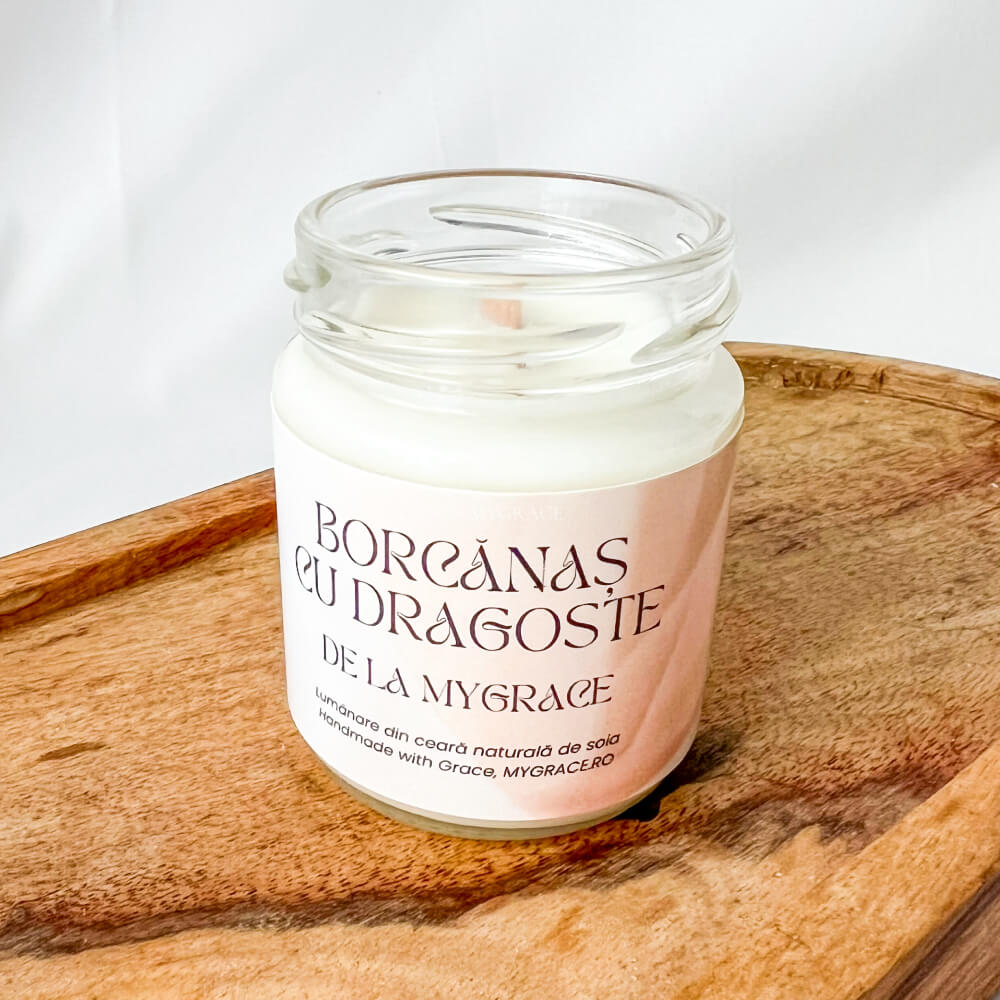 Borcănaș cu Dragoste de la MyGrace - Lumânare parfumată ceară soia, borcănaș sticlă