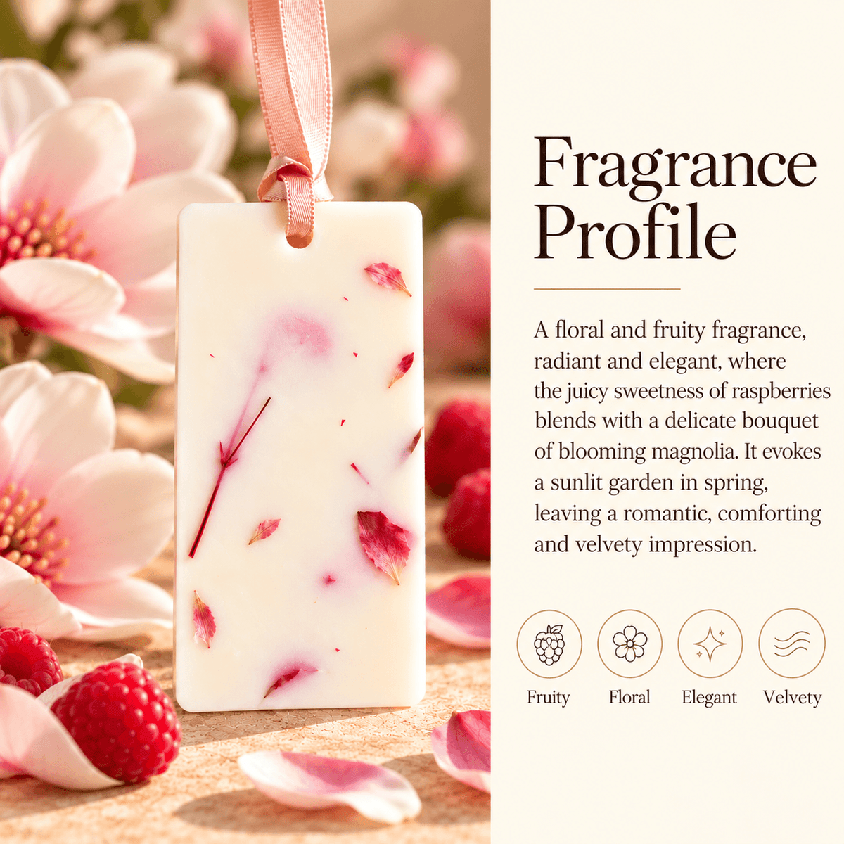 Scent notes of the magnolia wardrobe freshener, with floral and fruity aromas.