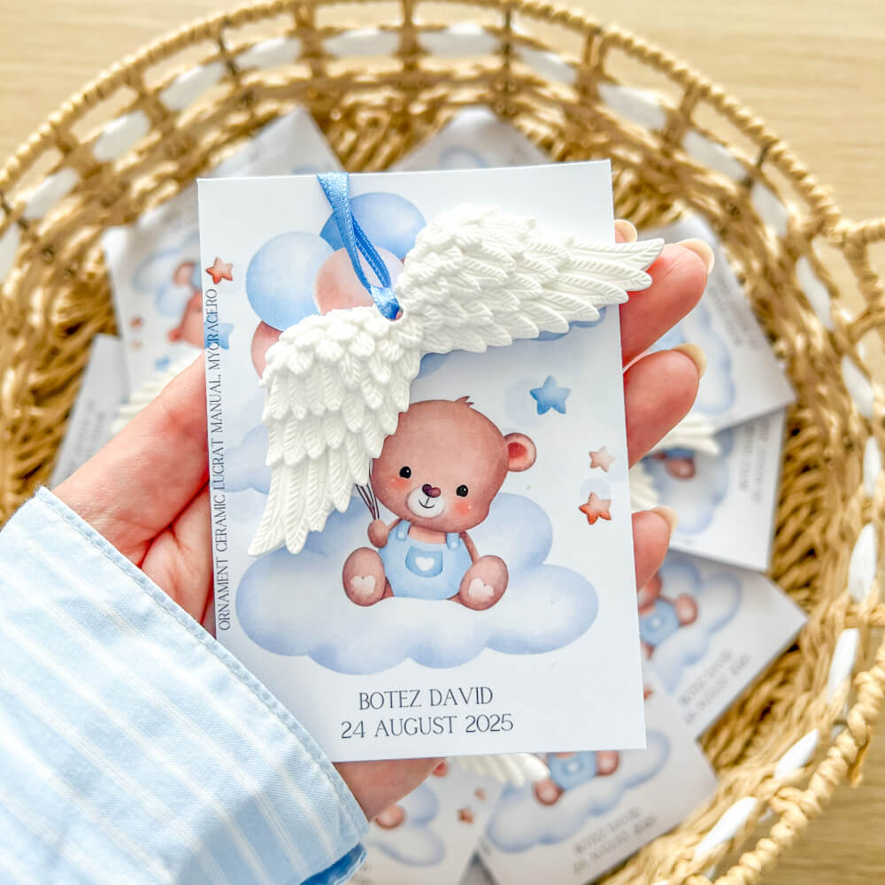 marturii botez baiat ornament ceramic aripi lucrat manual MYGRACE