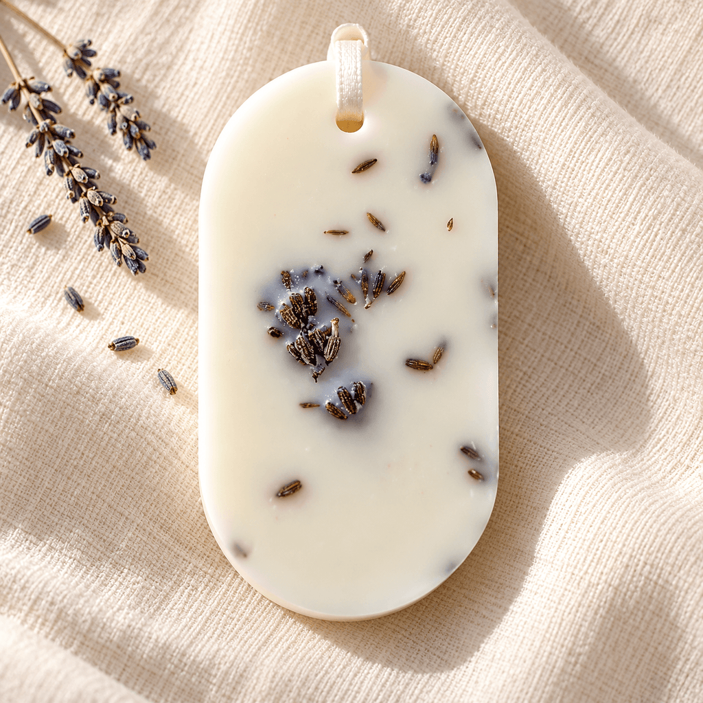 Odorizant pentru dulap din ceară naturală, decorat cu flori uscate de lavandă, cu parfum de lavandă și așezat pe o pânză textilă ivory.