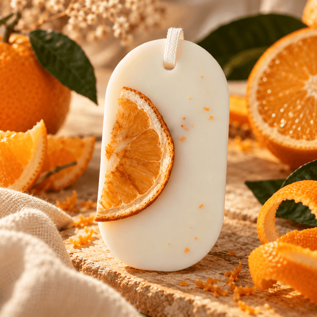 Odorizant parfumat cu aromă de portocală, realizat din ceară naturală și decorat cu o felie de portocală uscată.