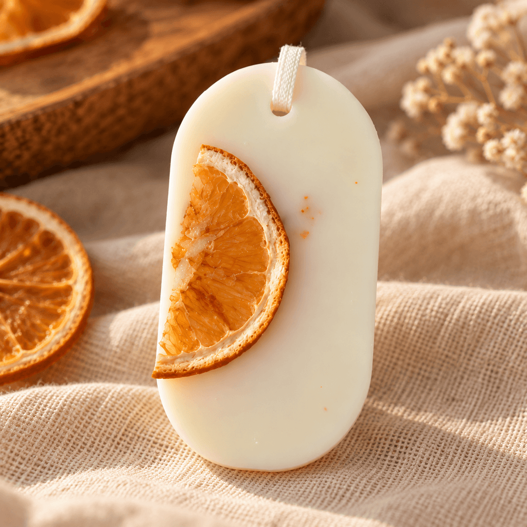 Odorizant parfumat pentru dulap din ceară naturală, decorat cu felie de portocală uscată.
