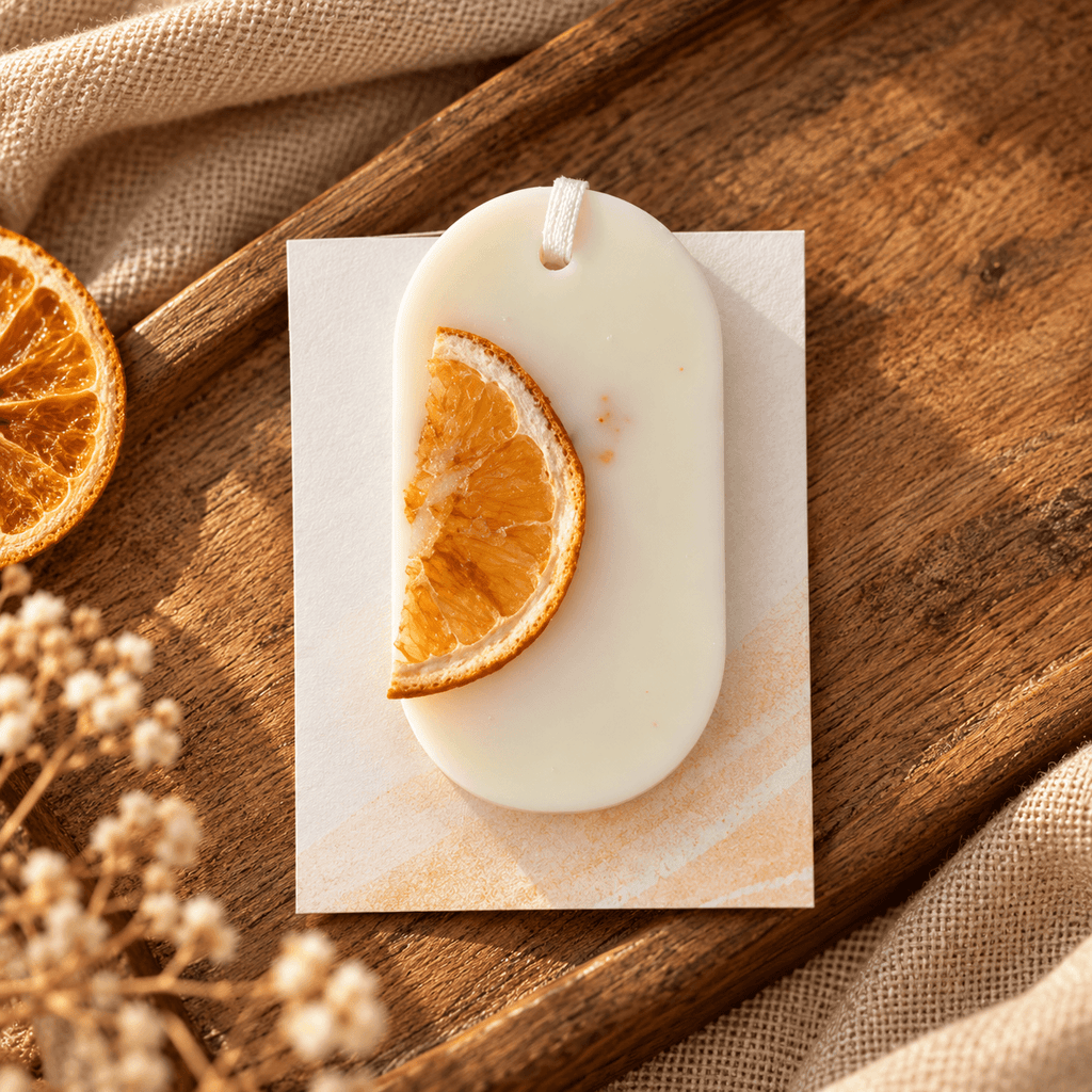 Odorizant parfumat pentru dulap din ceară naturală, decorat cu felie de portocală uscată, prezentat pe cartolina MYGRACE