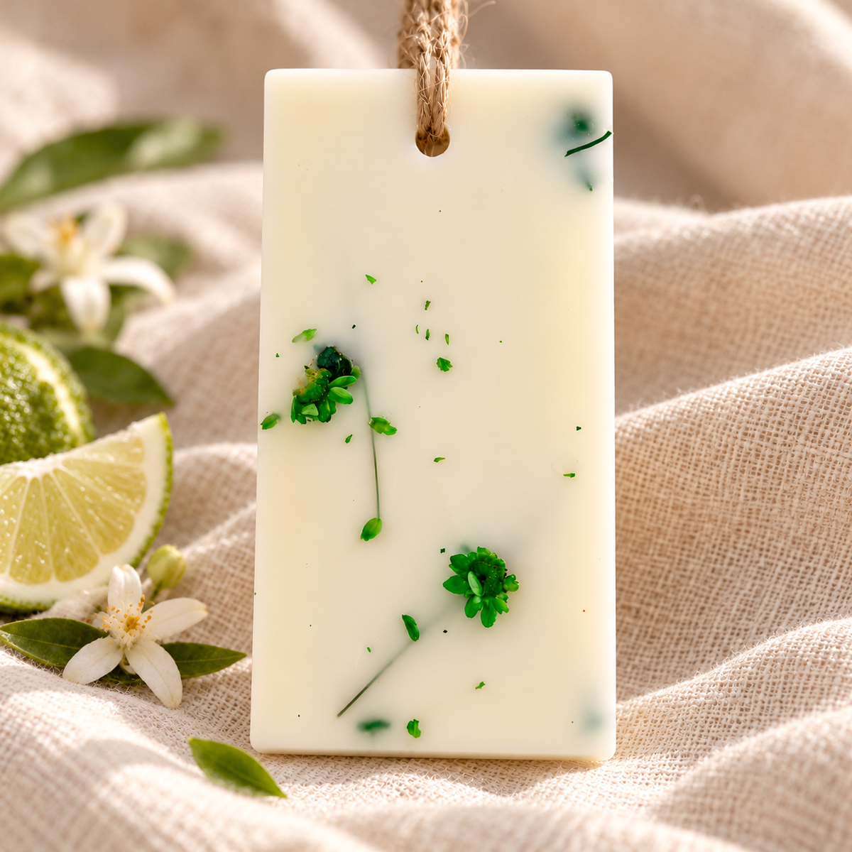 Odorizant parfumat pentru dulap din ceară naturală, decorat cu flori uscate verzi, cu parfum luminos și citric de bergamotă și lime.