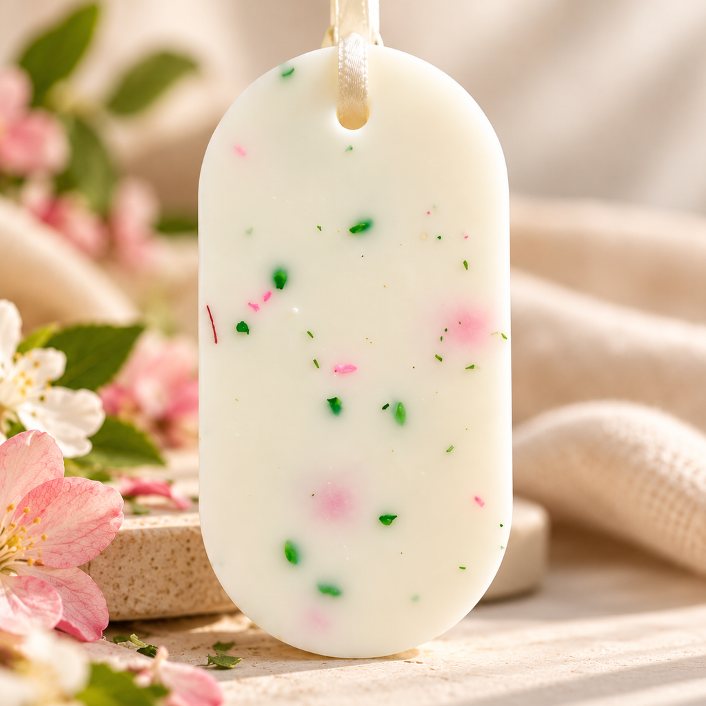 Odorizant parfumat pentru dulap din ceară naturală, decorat cu flori uscate verzi și roz, cu aromă proaspătă de flori și fructe.