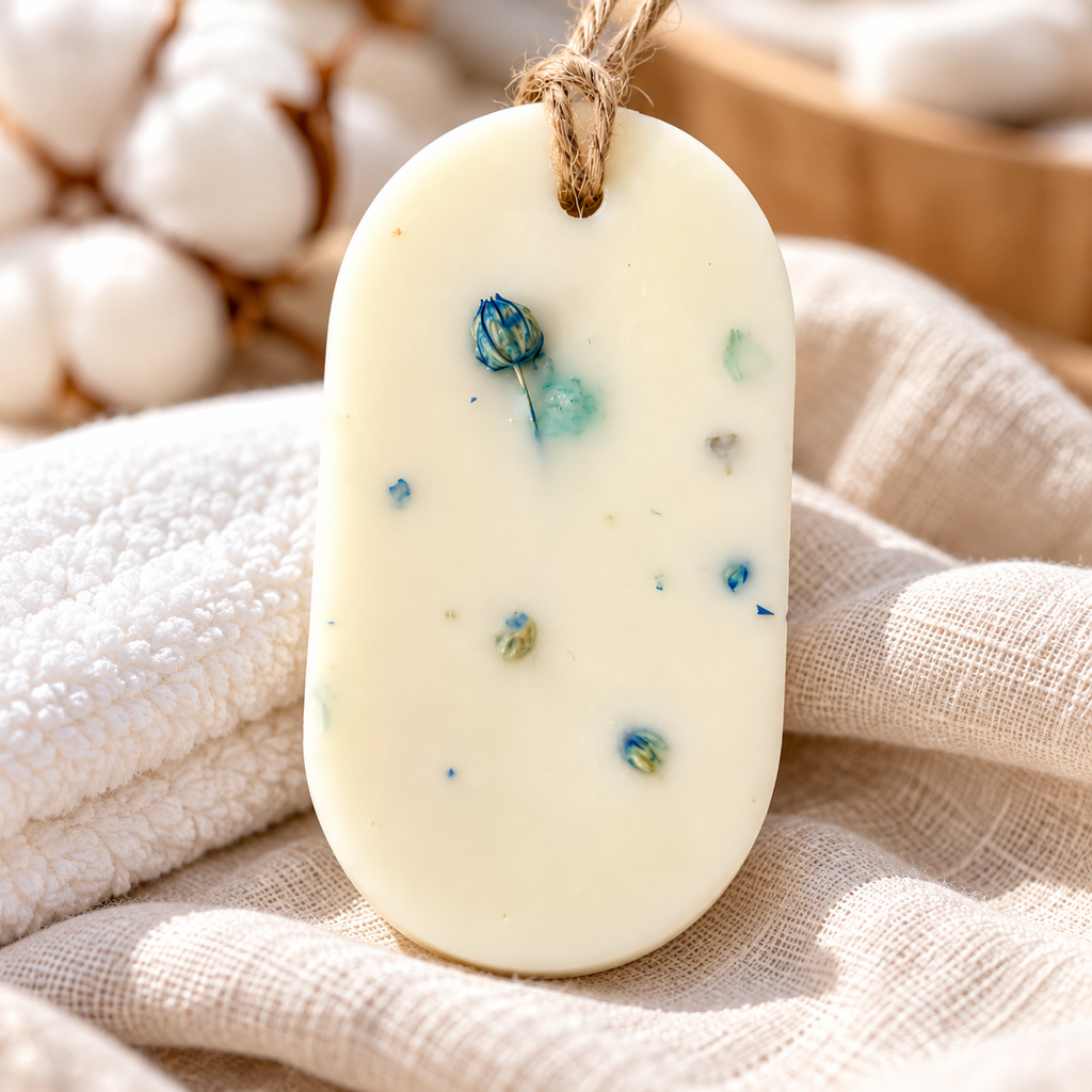 Odorizant parfumat pentru dulap din ceară naturală, decorat cu flori uscate bleu, cu parfum curat de rufe proaspăt spălate.