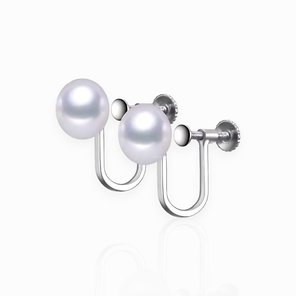 Silver Earrings “Be Pure”, White, 925 Sterling Silver & Natural Pearls 8 mm, Ear Clip (No Piercing), Bridal, MYGRACE