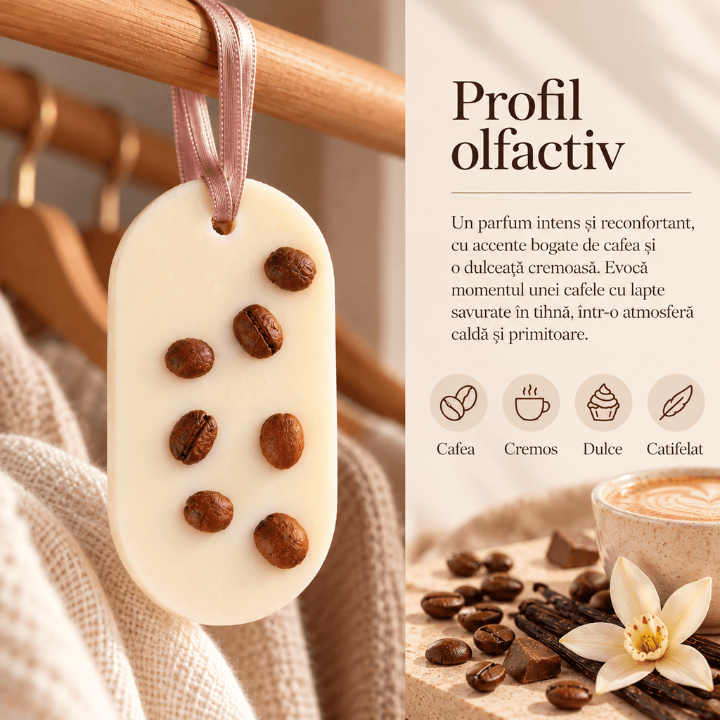 Profil olfactiv al odorizantului pentru dulap, cu note delicate de cafea cu lapte și vanilie.