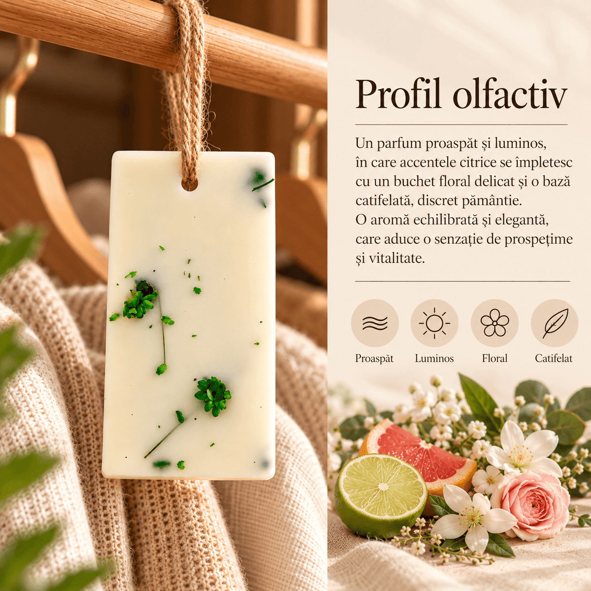 Profil olfactiv al odorizantului pentru dulap, cu note delicate citrice și florale.