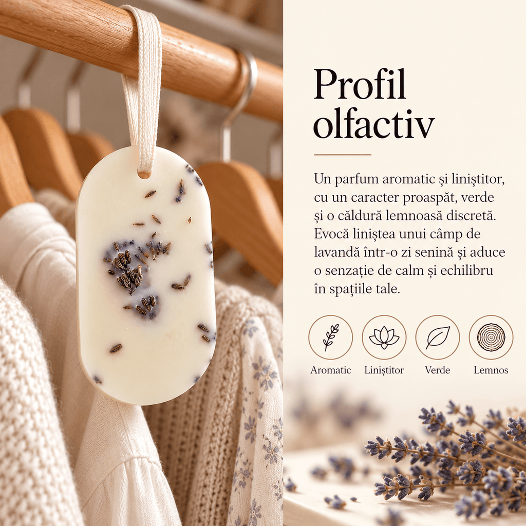 Profil olfactiv al odorizantului pentru dulap, cu note delicate de lavandă.